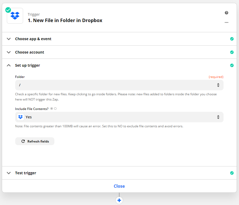 Cliquez pour agrandir Configuration du déclencheur Dropbox pour le flux de travail PDF4me
